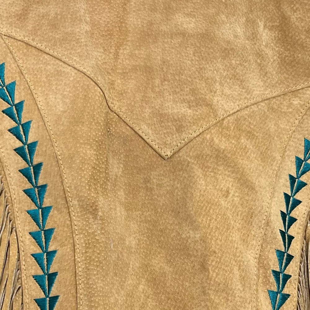 Vintage 80’s Pioneer Wear Fringe Suede Leather Tan Jacket Western Size S - Picture 12 of 15
